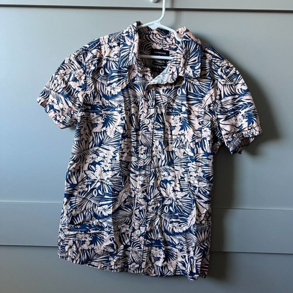 Quicksilver Shirt Boys Small Button Up Hawaiian‎ Short Sleeve Blue Orange Floral